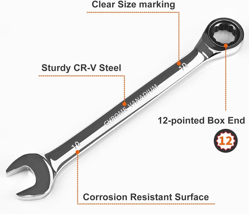 Egofine 10mm Ratchet Wrench, Ratcheting Combination Wrench Metric 10mm Wrench, Industrial Grade Gear Spanner with 12-Point Design, 72-Tooth Ratchet, Chrome Vanadium Steel - Image 2
